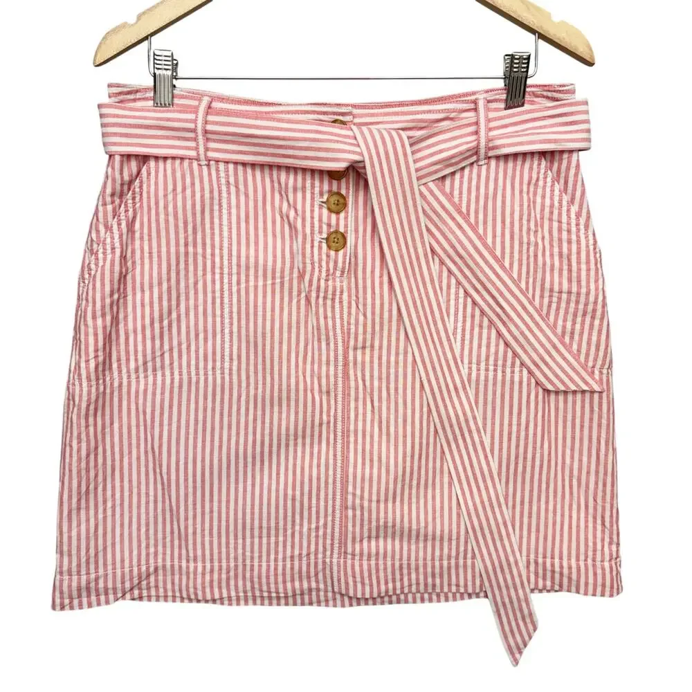 Talbots Linen Tie Waist Skirt Mini Midi Pink White Striped Skirt Size 10